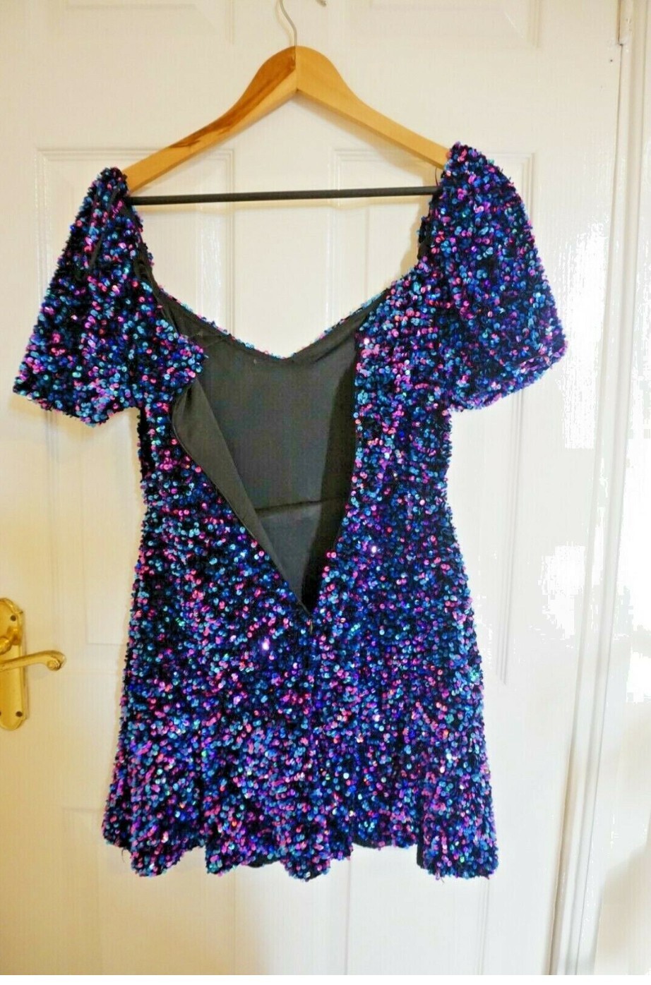 Zara Sequin Mini Dress V neck Elastic Cuffs A-line Skirt Black Blue M BNWT