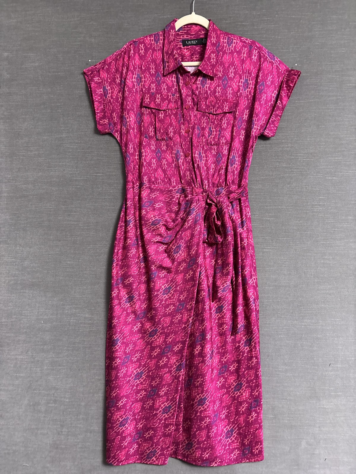 Lauren Ralph Lauren Shirt Dress 8 Pink Aztec Southwestern Midi Black Label Silky