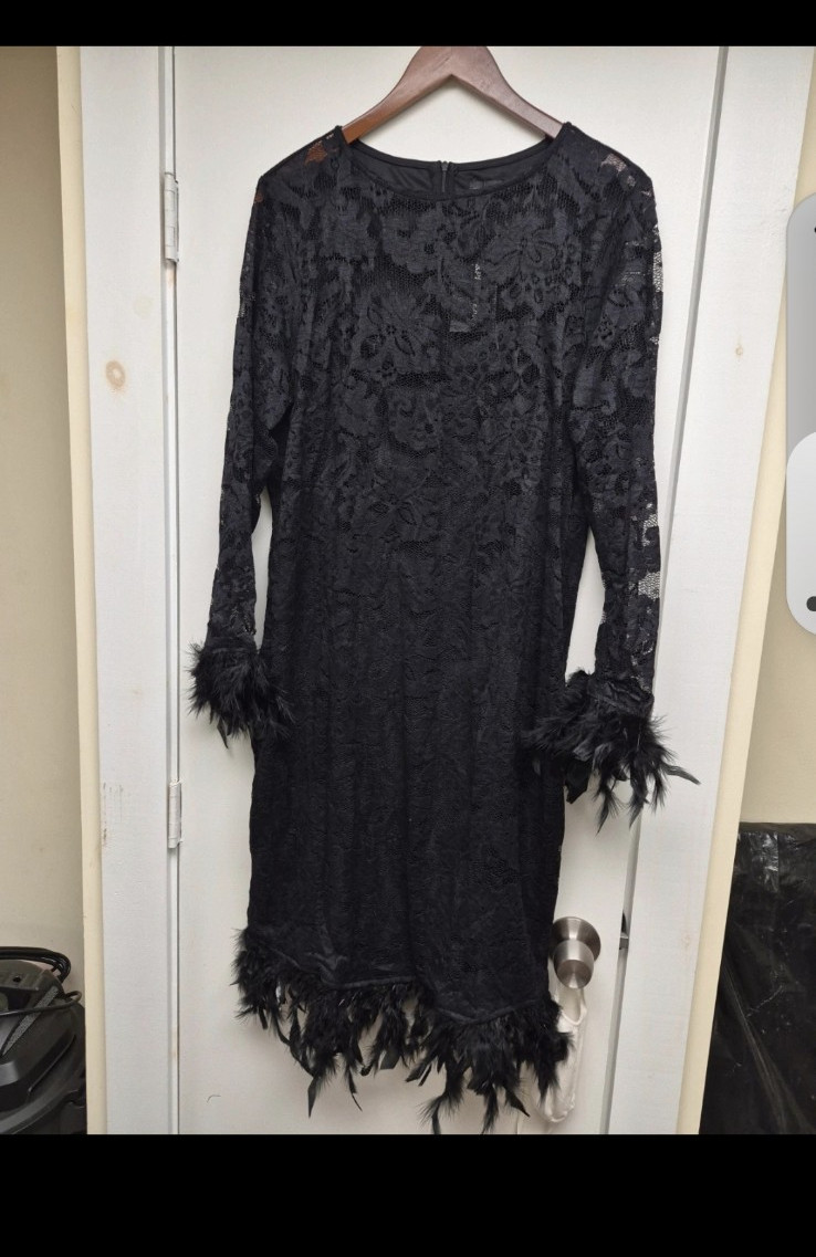 Plus Size Women’s Black Floral Lace Sheath Dress 3X Feather Trim Long Sleeve