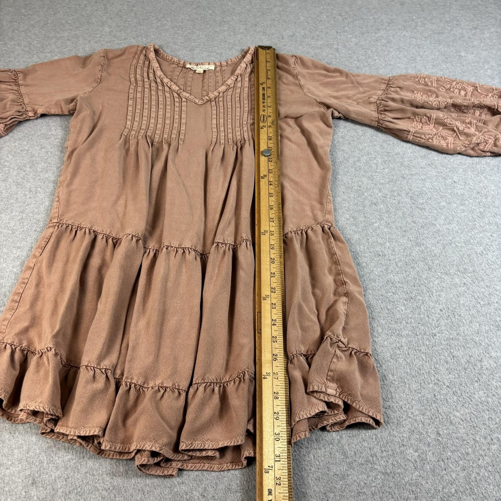 Solitaire Dress Women Large Brown Trapeze Swing Tunic Ruffle Embroidered Boho
