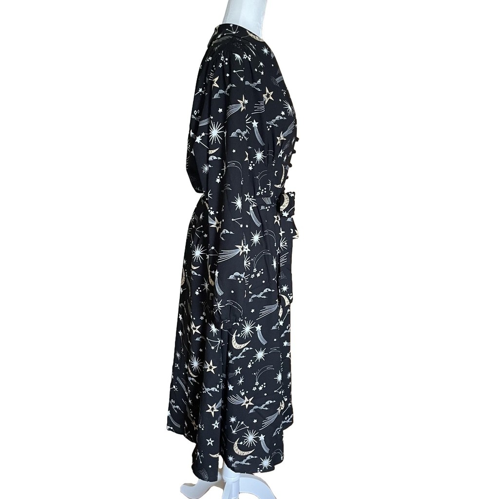 Joanie Babs Celestial Retro Black Moon Star Vneck Long Sleeve Midi Dress Sz 14