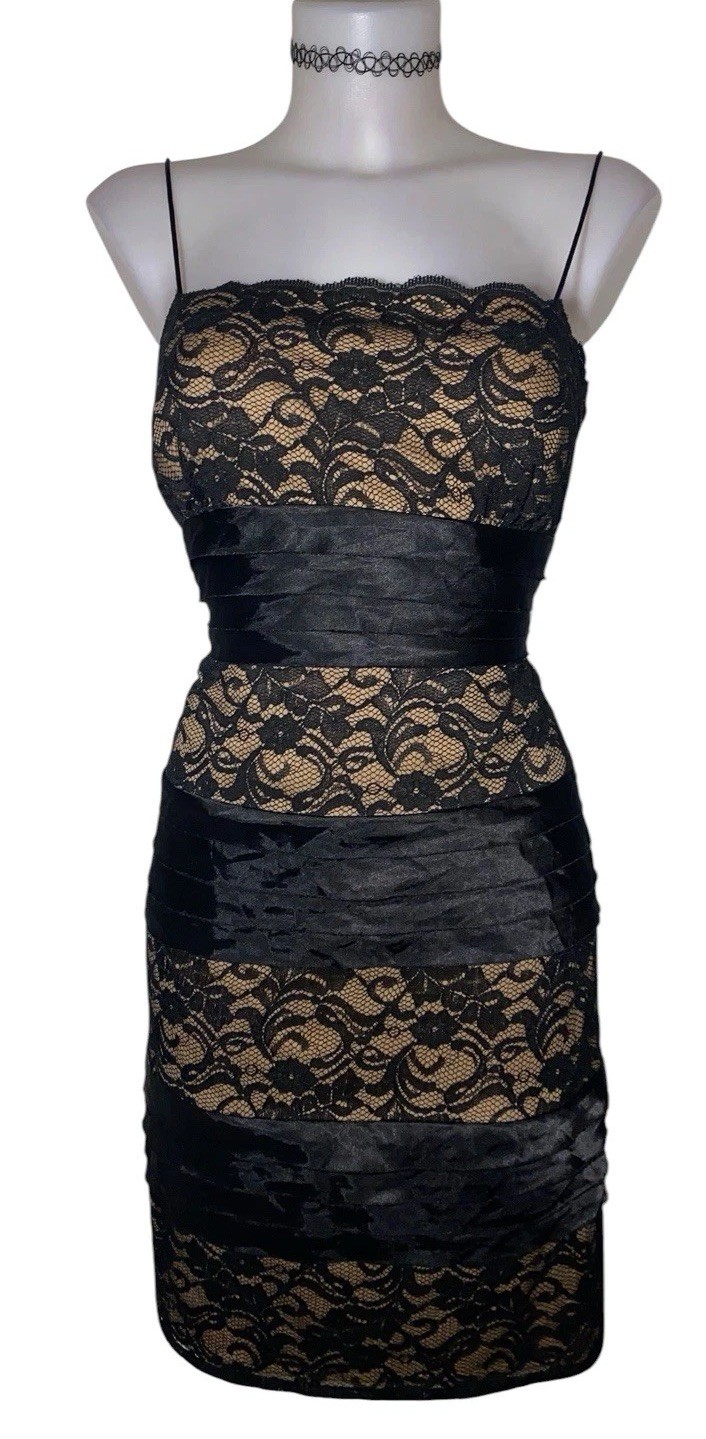 90s Y2k Womens Black Lace Floral Dress Sz 12 Babydoll Witchy Grunge Dark Goth