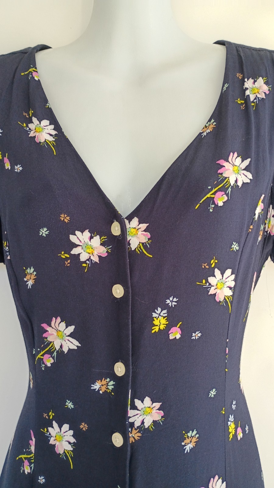 Vintage 90s GAP Button Front Navy Blue Floral Daisy Midi Dress Whimsigoth XS 2