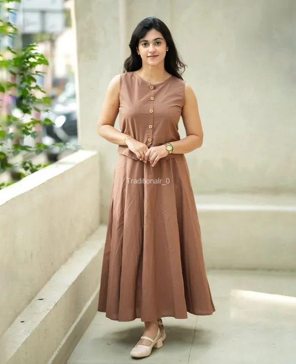 Women’s Solid Cotton A-Line Maxi Dress with Sleeveless Button-Down Crop Overlay