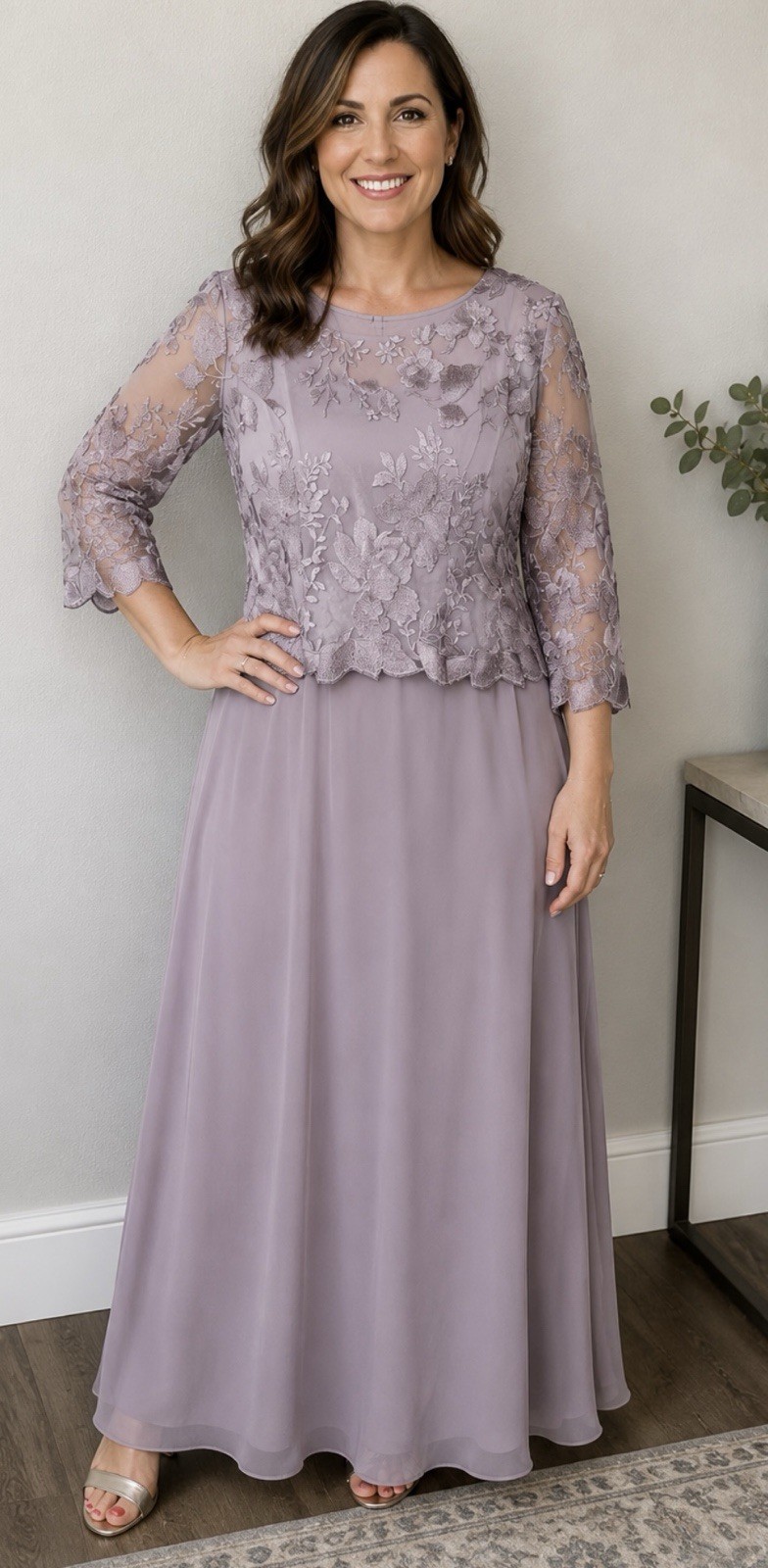 Alex Evenings Evening Dress Gown Large Smokey Orchid Lace Bodice 3/4 Sleeve READ