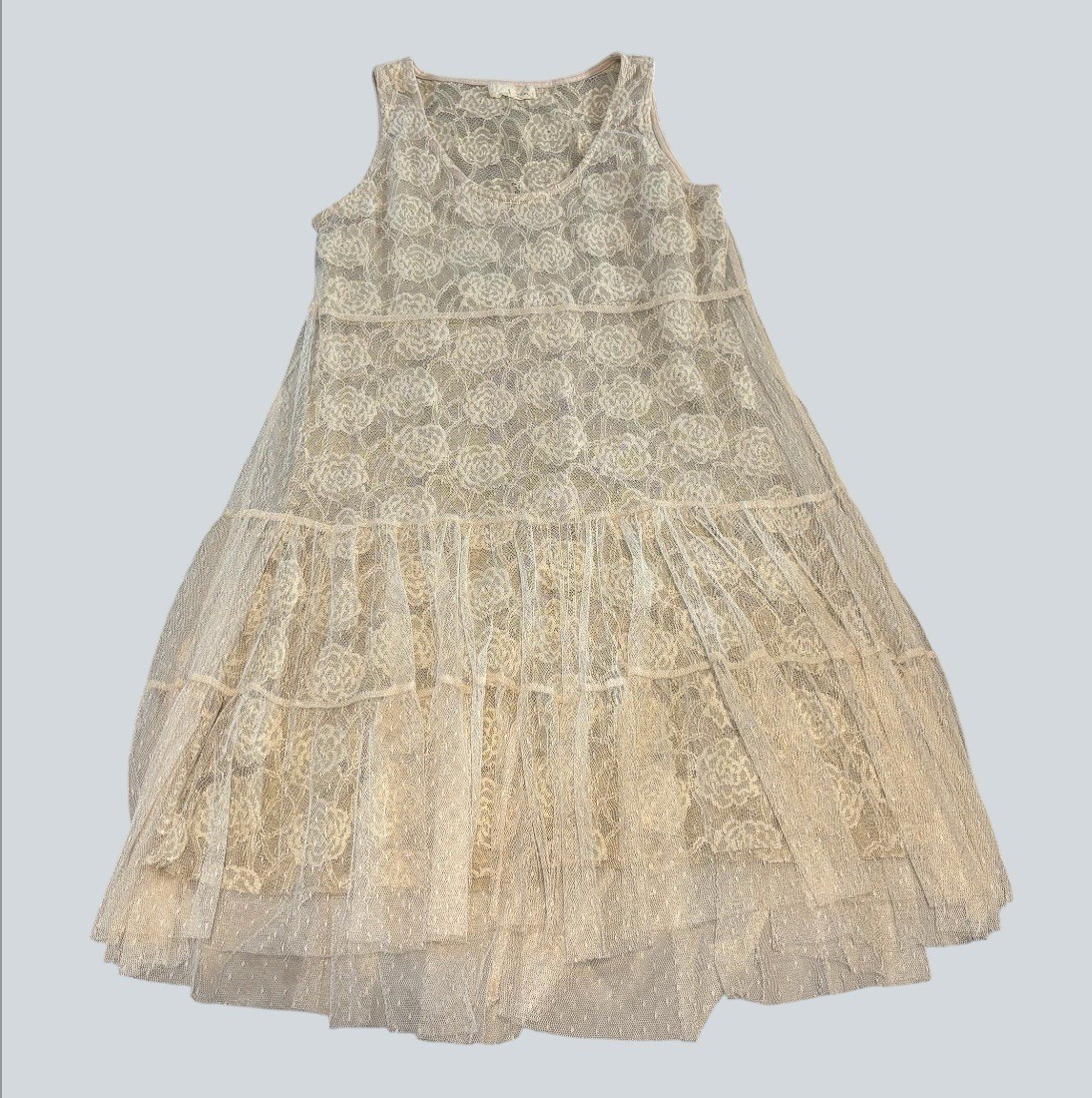 A’reve Rose Lace And Tulle Dress Women’s Large Boho Fairy Stretchy Cream Tan
