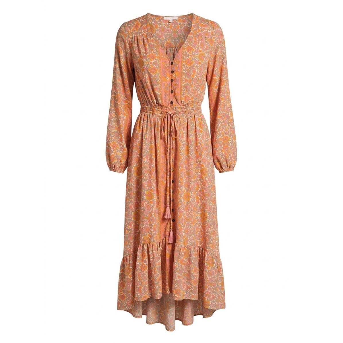 NEW Boemo SMALL Floral Paisley High-Low Maxi Dress Orange Smocked Waist – CJ