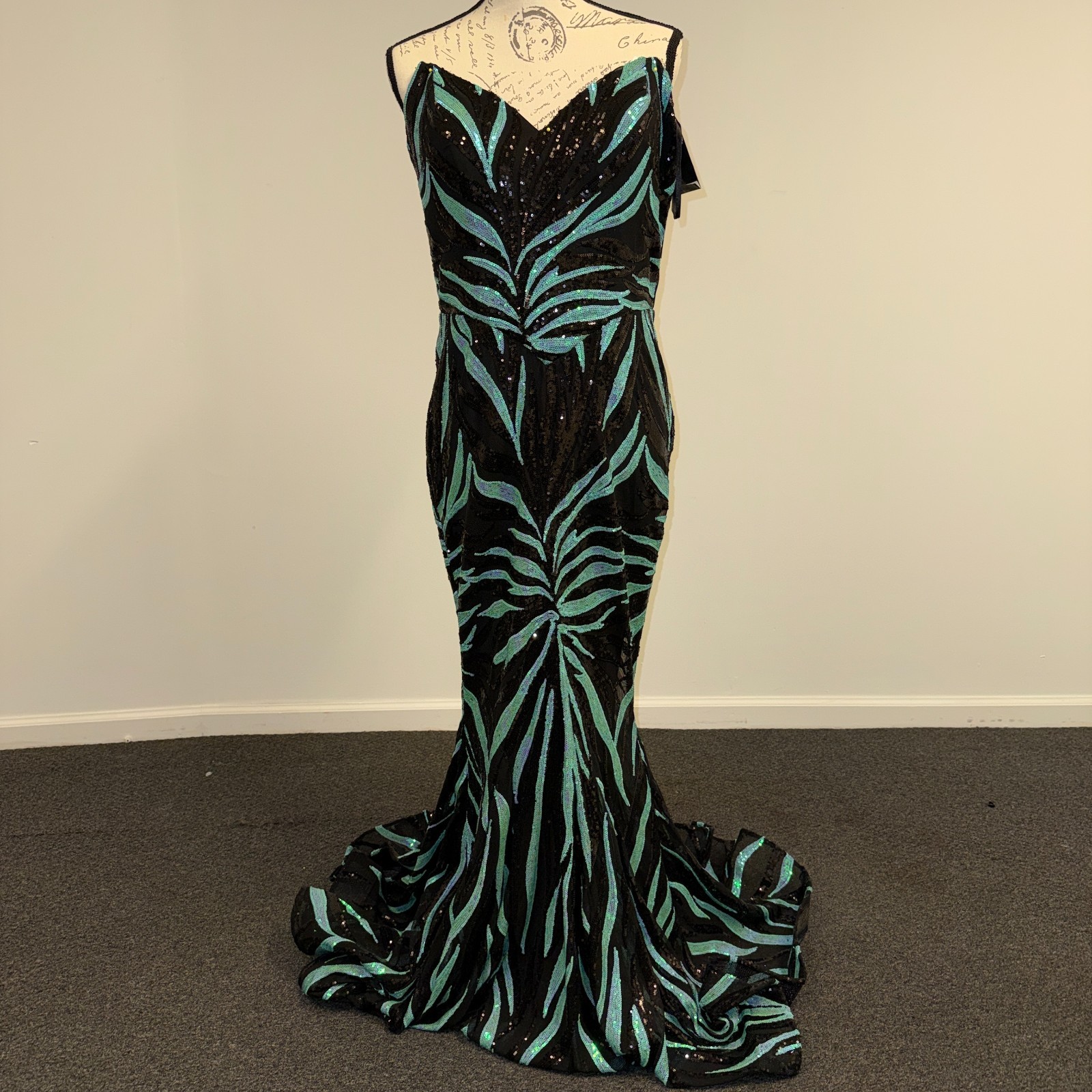 Stella Couture Black Teal Sequin Strapless Mermaid Gown Sweetheart Long Train