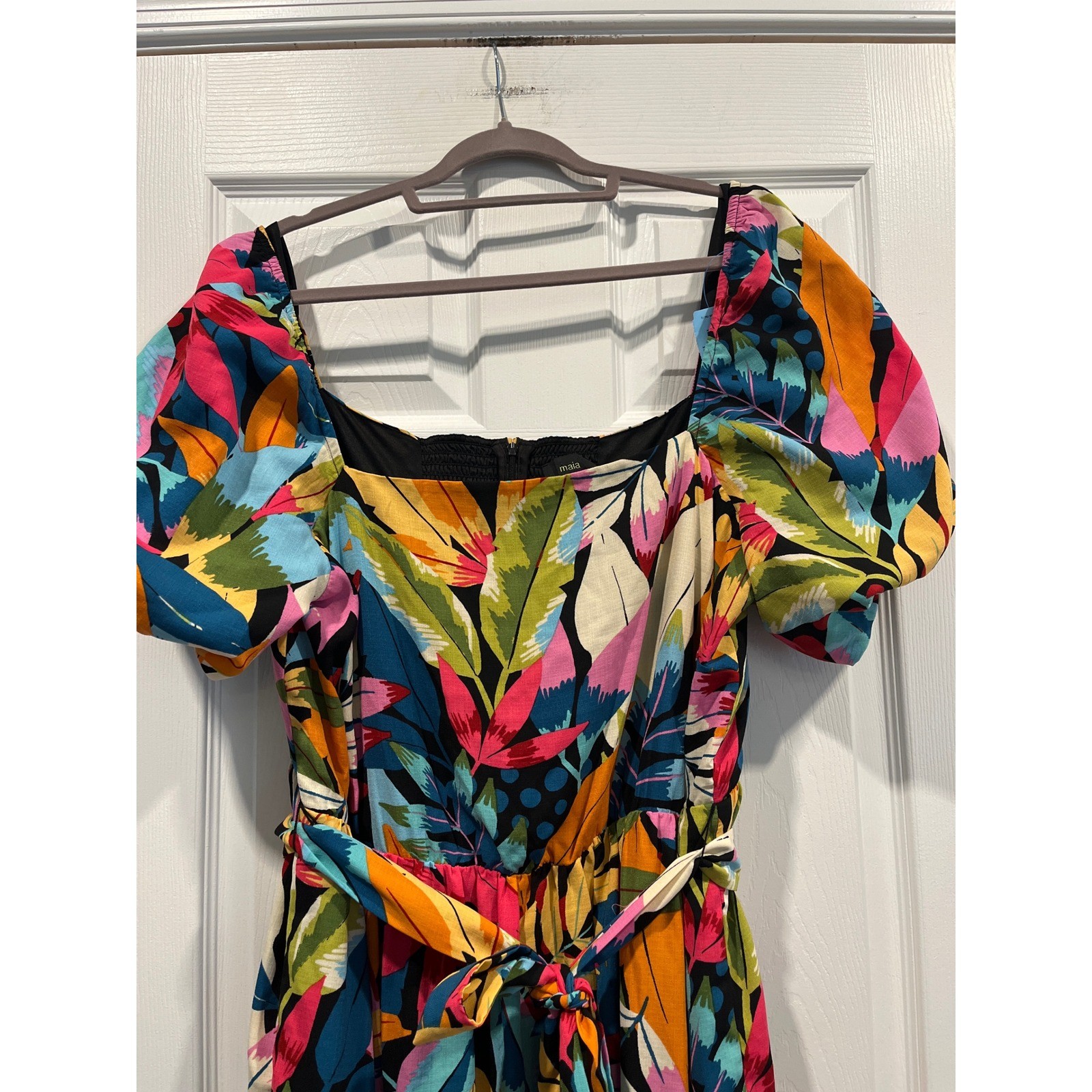 Maia Tropical Leaf Print Midi Dress Size 14W Puff Sleeve Smocked Back Belted