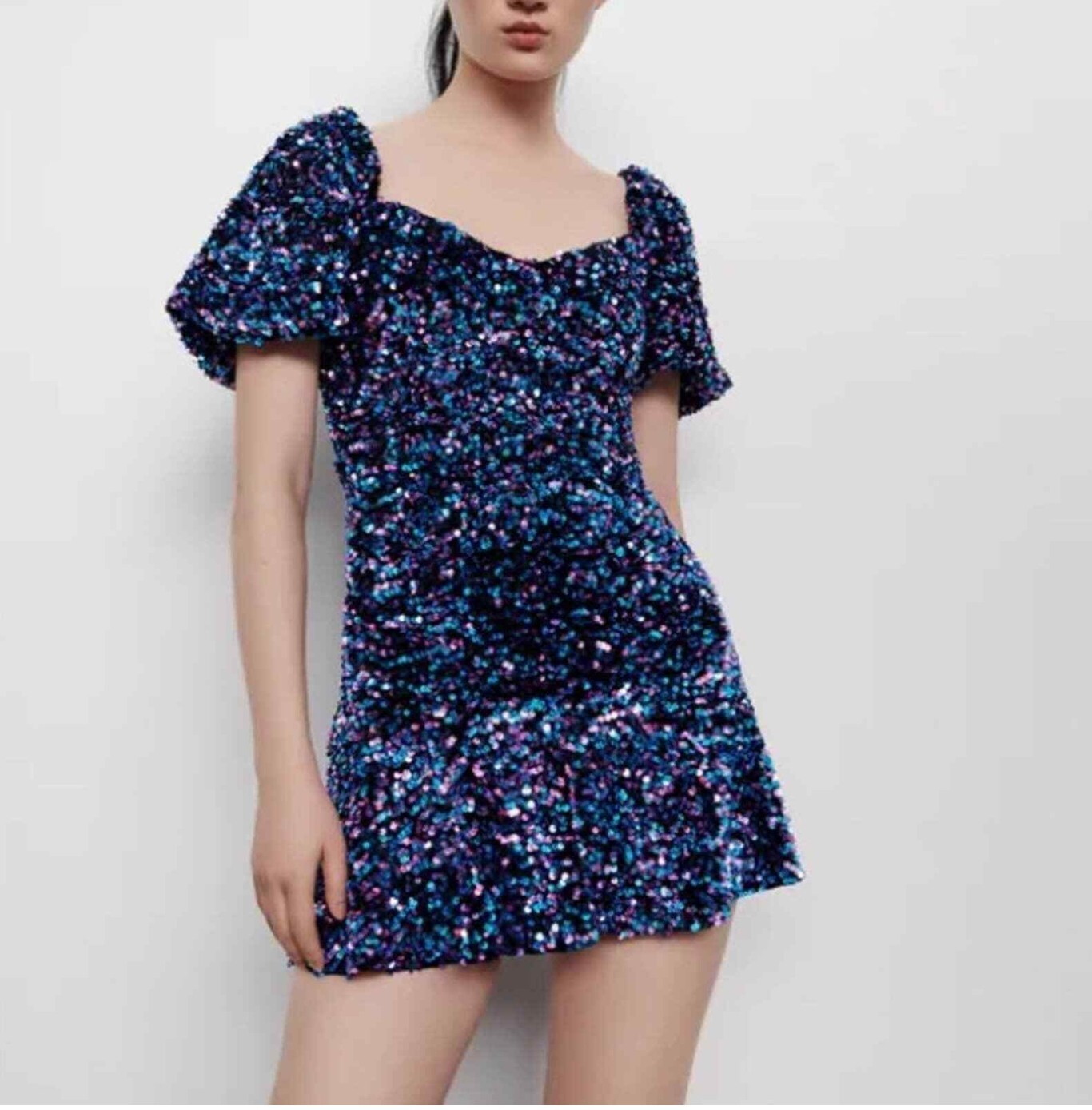 Zara Sequin Mini Dress V neck Elastic Cuffs A-line Skirt Black Blue M BNWT