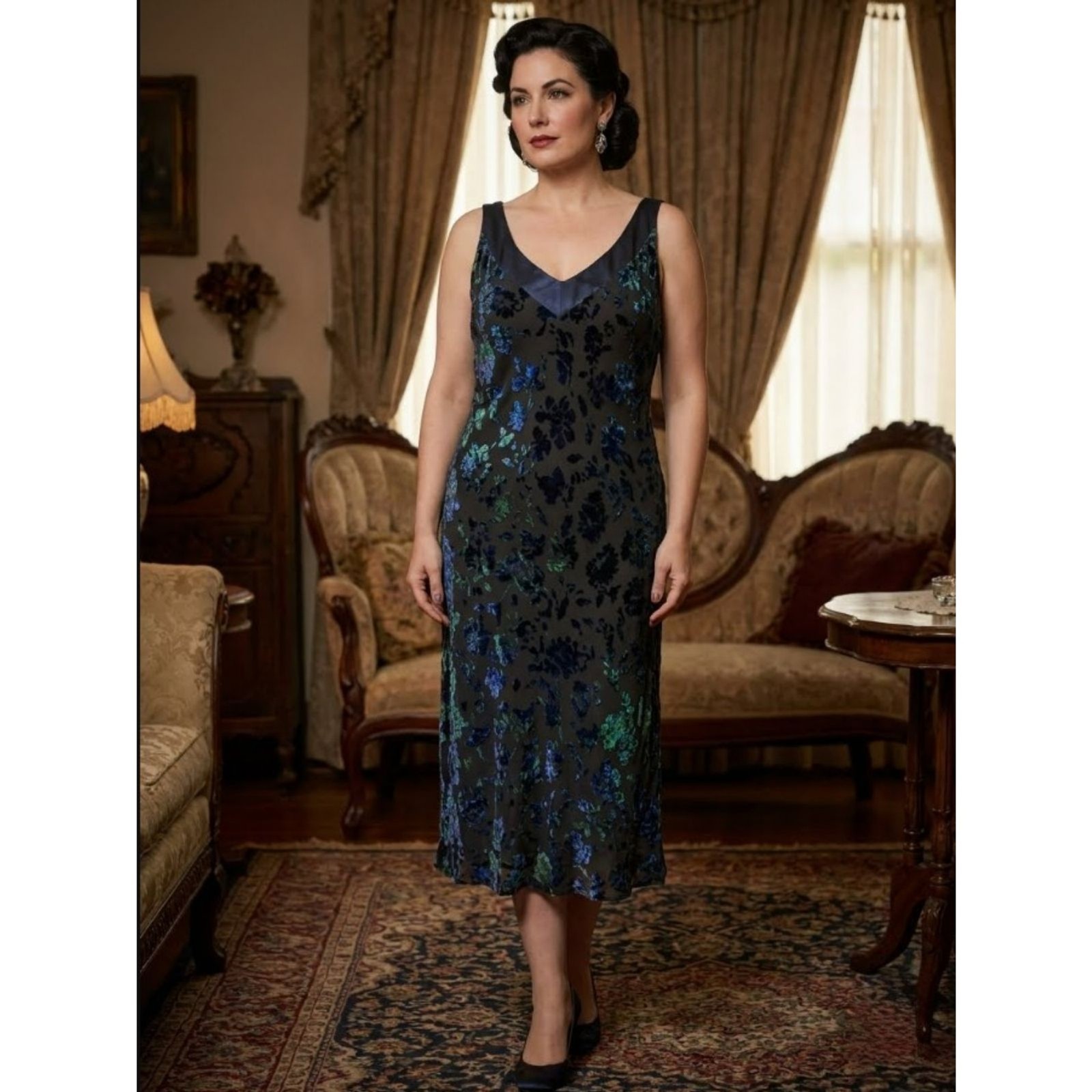 VTG Sigrid Olsen Silk Burnout Velvet Slip Midi Dress Size 14 Iridescent Mesh Y2K