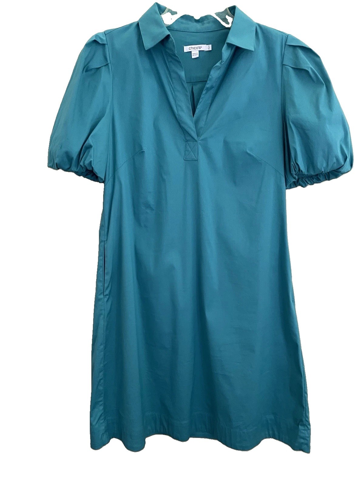 Women’s Chico’s Popover Teal Short Puff Sleeve Shift Dress Pockets Sz 0 Sm – 4/6