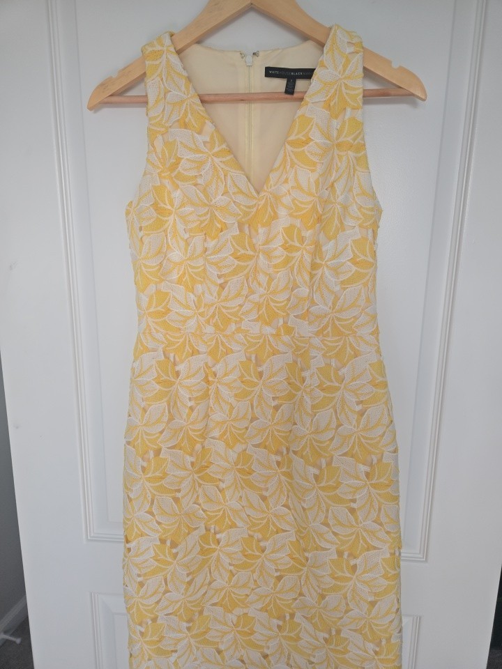 White House Black Market Size 2 Pencil Dress Yellow Floral Lace Overlay Summer
