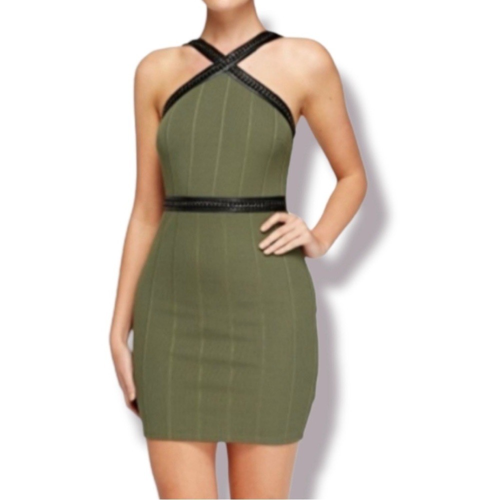 Topshop Ribbed Black Vegan Leather Gun Metal Chain Straps Bodycon Baddie