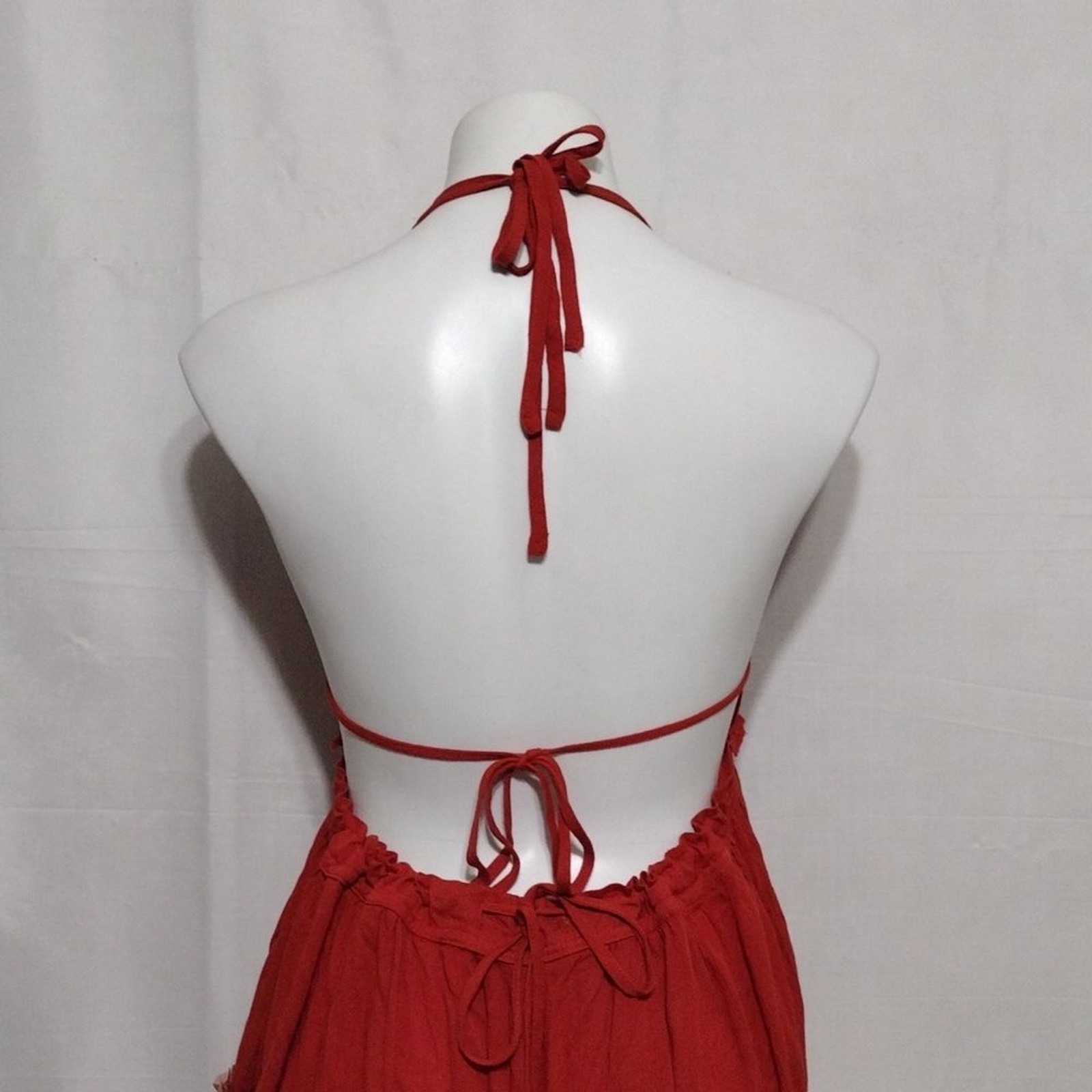 Bohemian Halter Neck Plunge VNeck Open Back Tiered Mini Dress Medium Chic Trendy