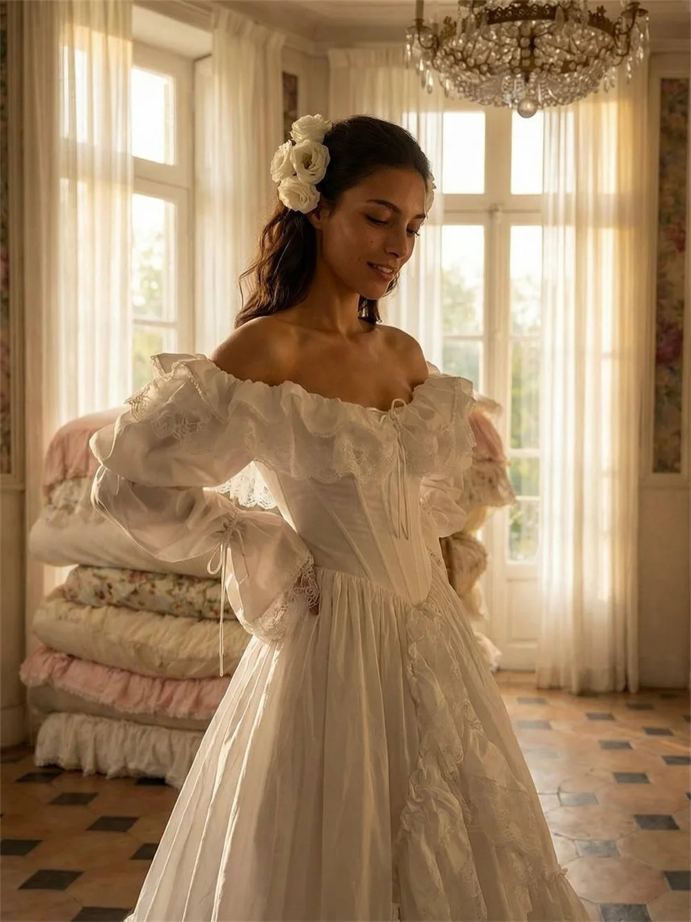White Elegant Satin Off the Shoulder Custom WeddingParty LongSleeve Lace-Up Back
