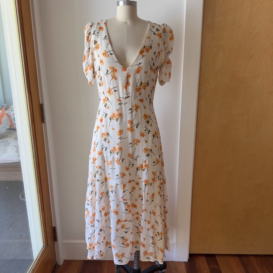 Reformation Cosa Floral Tiered Midi Dress-Limonada Print-Size 10-Ivory & Yellow