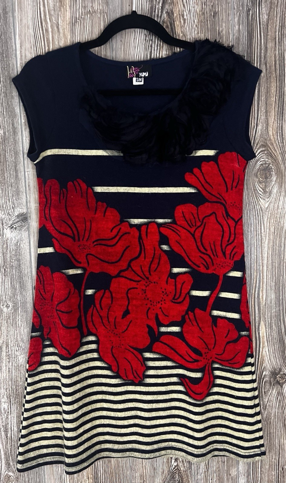 VTG Yumi Short Dress S/M Black/Beige Stripe Red Floral Acrylic/Wool Cap Sleeve