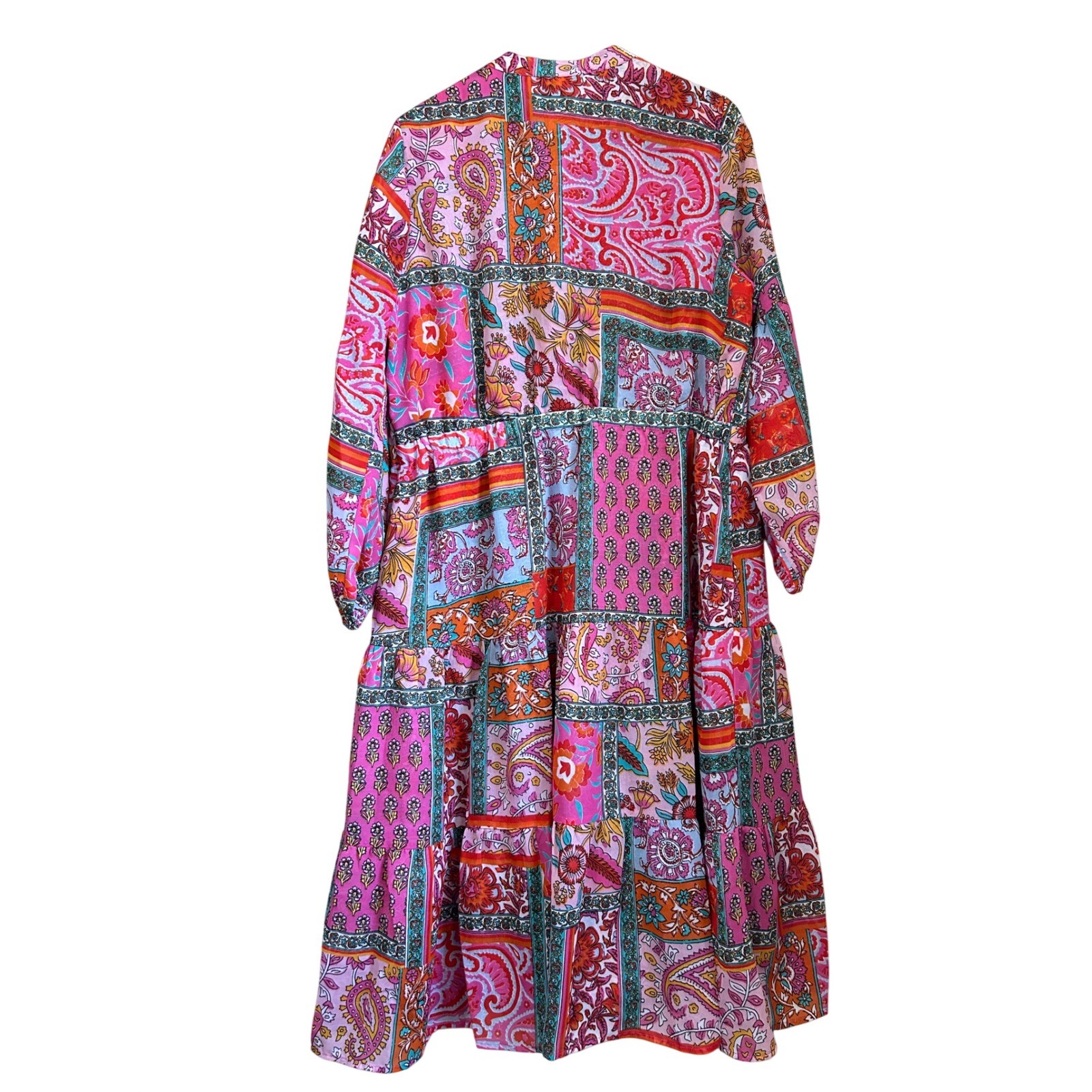 Soft Surroundings Pink Paisley Patchwork Tiered Midi Dress Petite Size XL Puffy