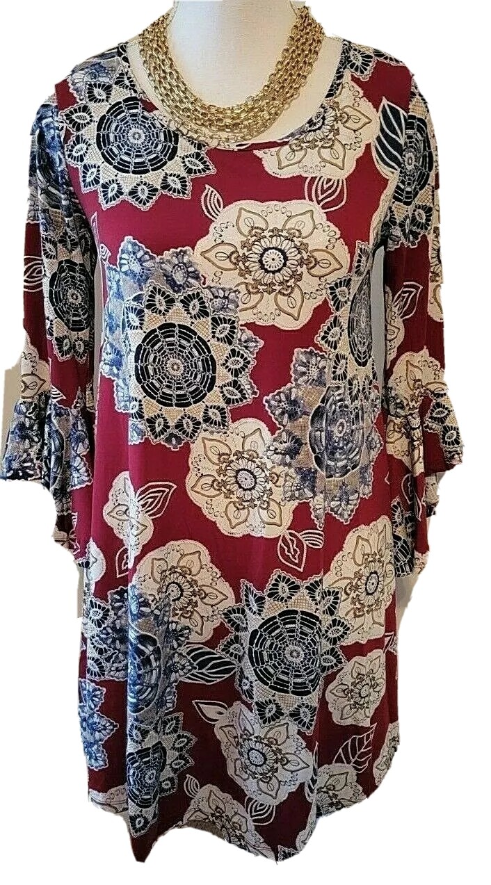 SJS Womens Burgundy Floral Bell Sleeve Slinky Shift Dress Metallic Thread Small