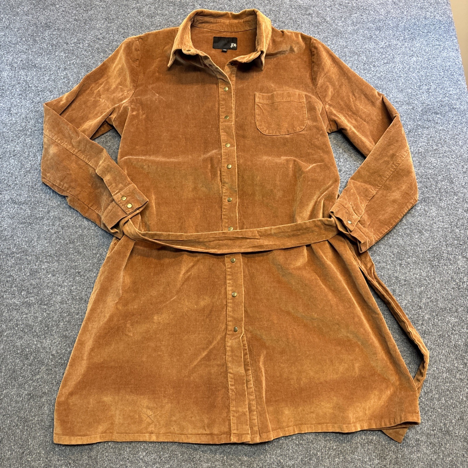 Joh Apparel Faux Suede Shirt Dress Snap Button Belted Size Large Brown