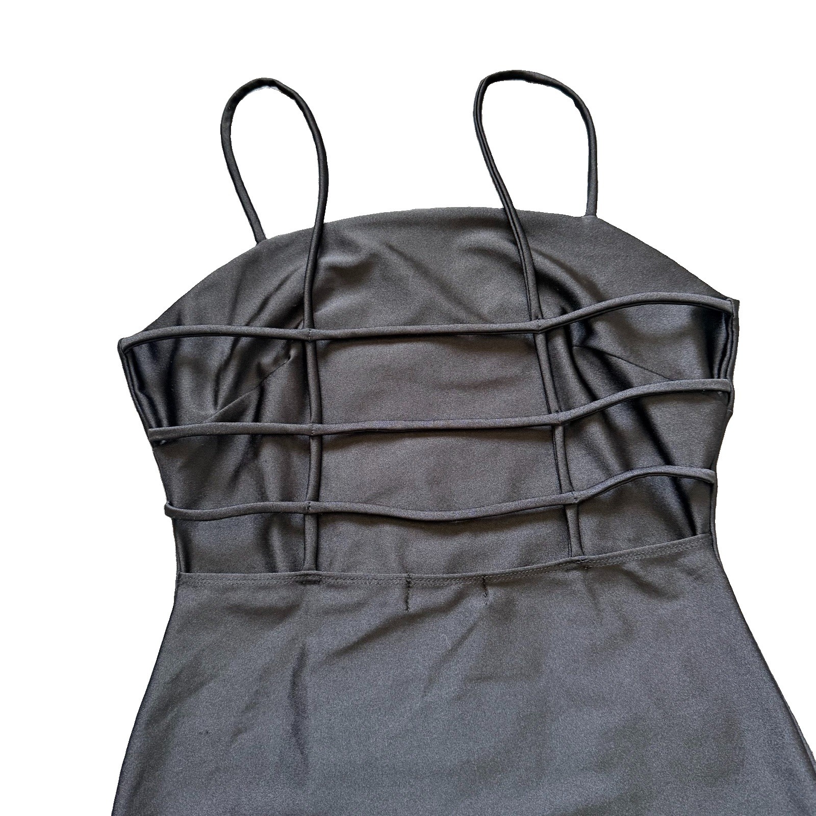 Popular 21 Black Solid Stretch Sheath Spaghetti Strap Knee Dress Size S DX80102