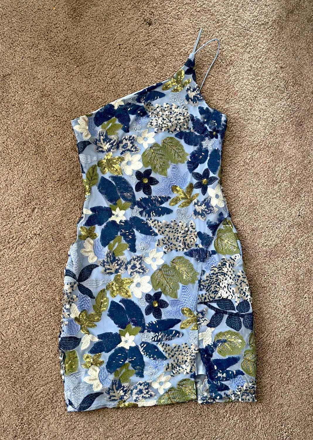 Blue White Green Floral Square Neck Spaghetti Strap Lined Mini Bodycon S Zip