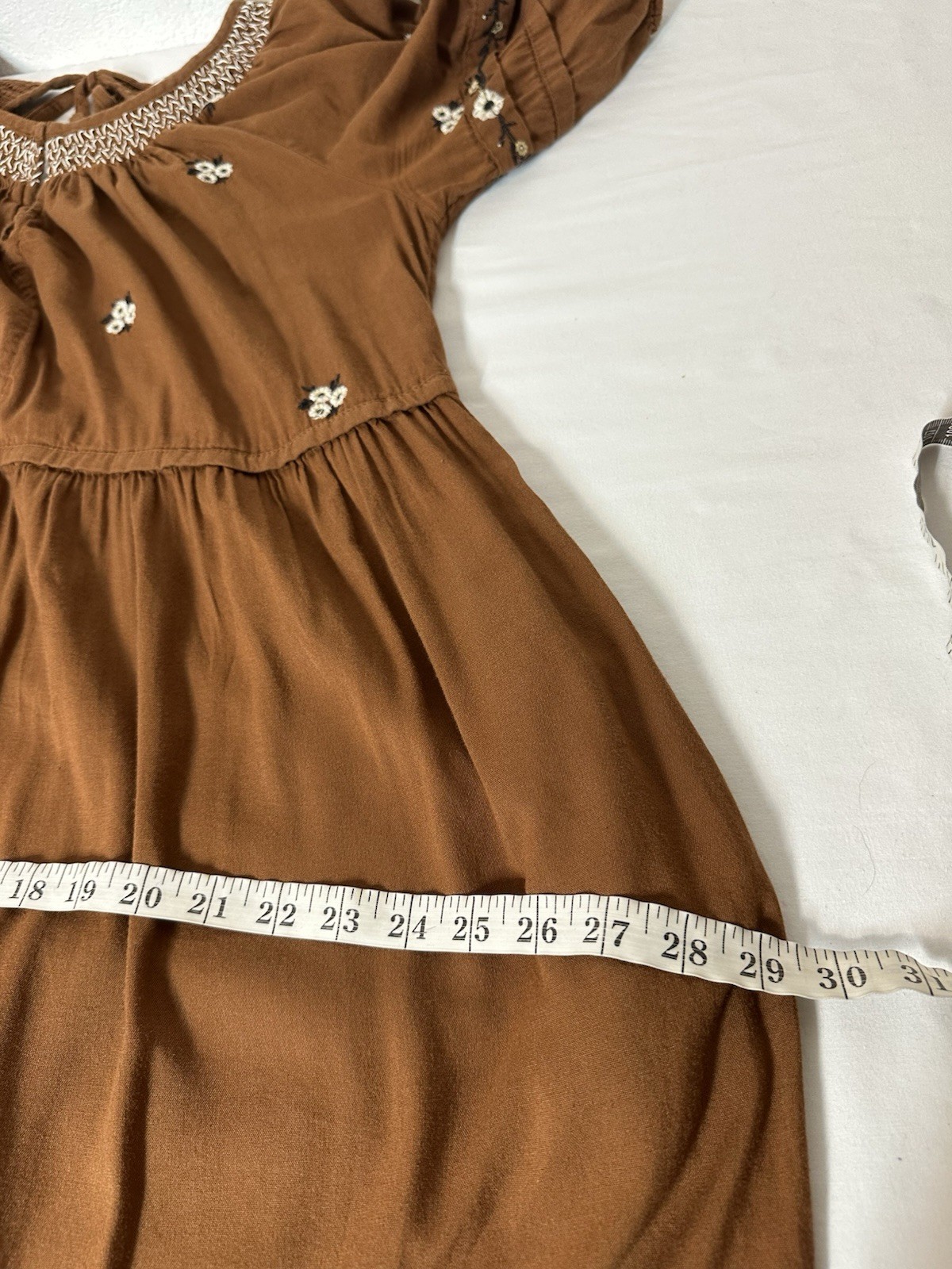 Old Navy Brown Midi Dress Embroidered Puff Sleeve Tiered Pockets Tie Back L Boho