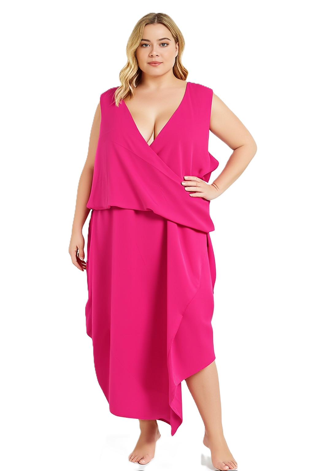 Boohoo Plus Hot Pink Sleeveless Draped Wrap Midi Dress V Neck Women’s Size 20