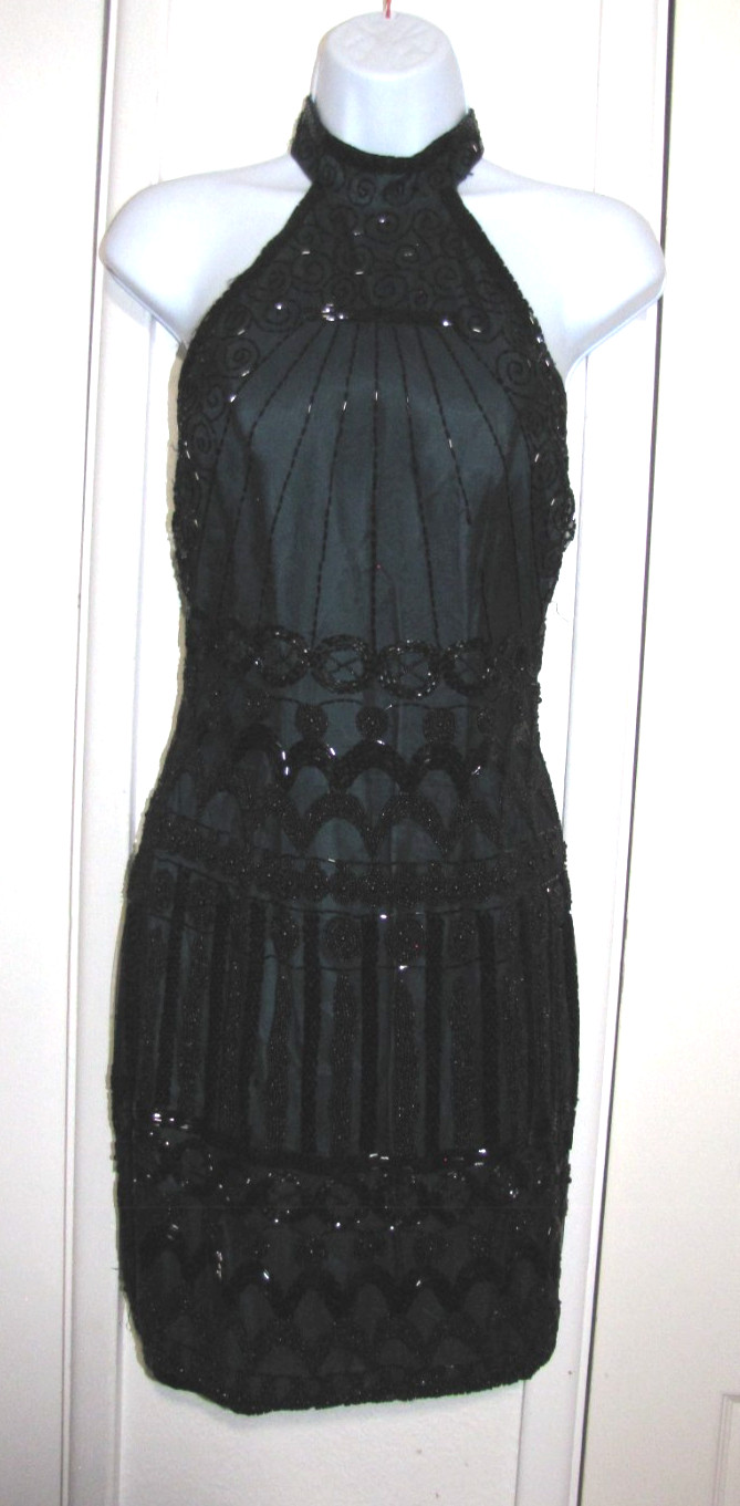 Sho Max Originals Green/Black Pencil Knee Dress Special Occasion Beaded Wm. XS