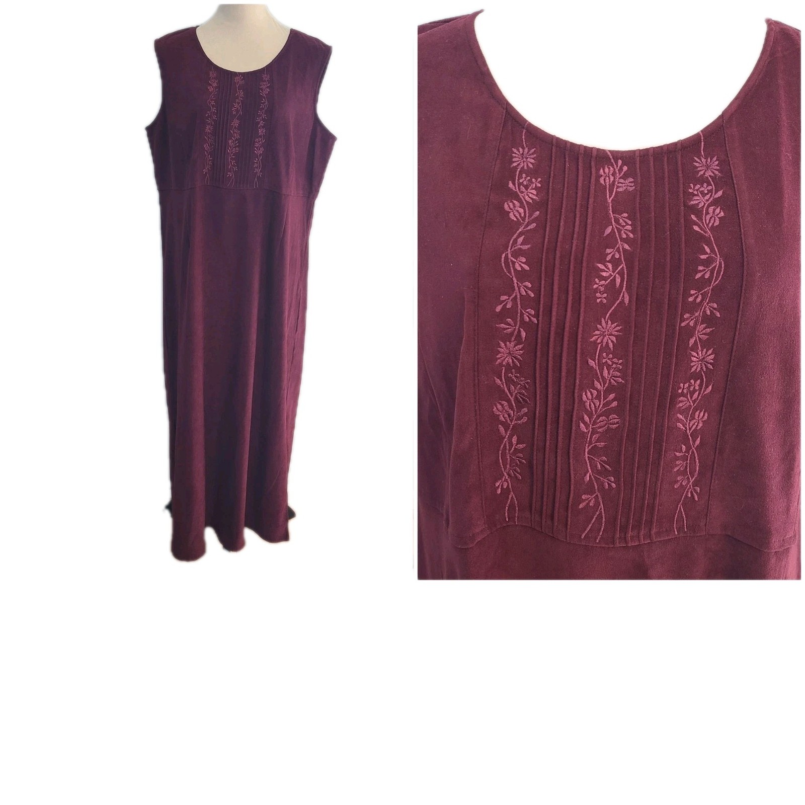 Coldwater Creek Maxi Dress XL Burgundy Faux Suede Embroidered Goth Whimsigoth
