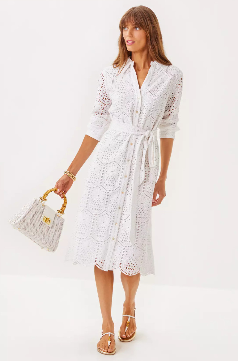 Lilly Pulitzer Eira White Pineapple Tile Eyelet Midi Shirt Dress – Size 2 – NWT