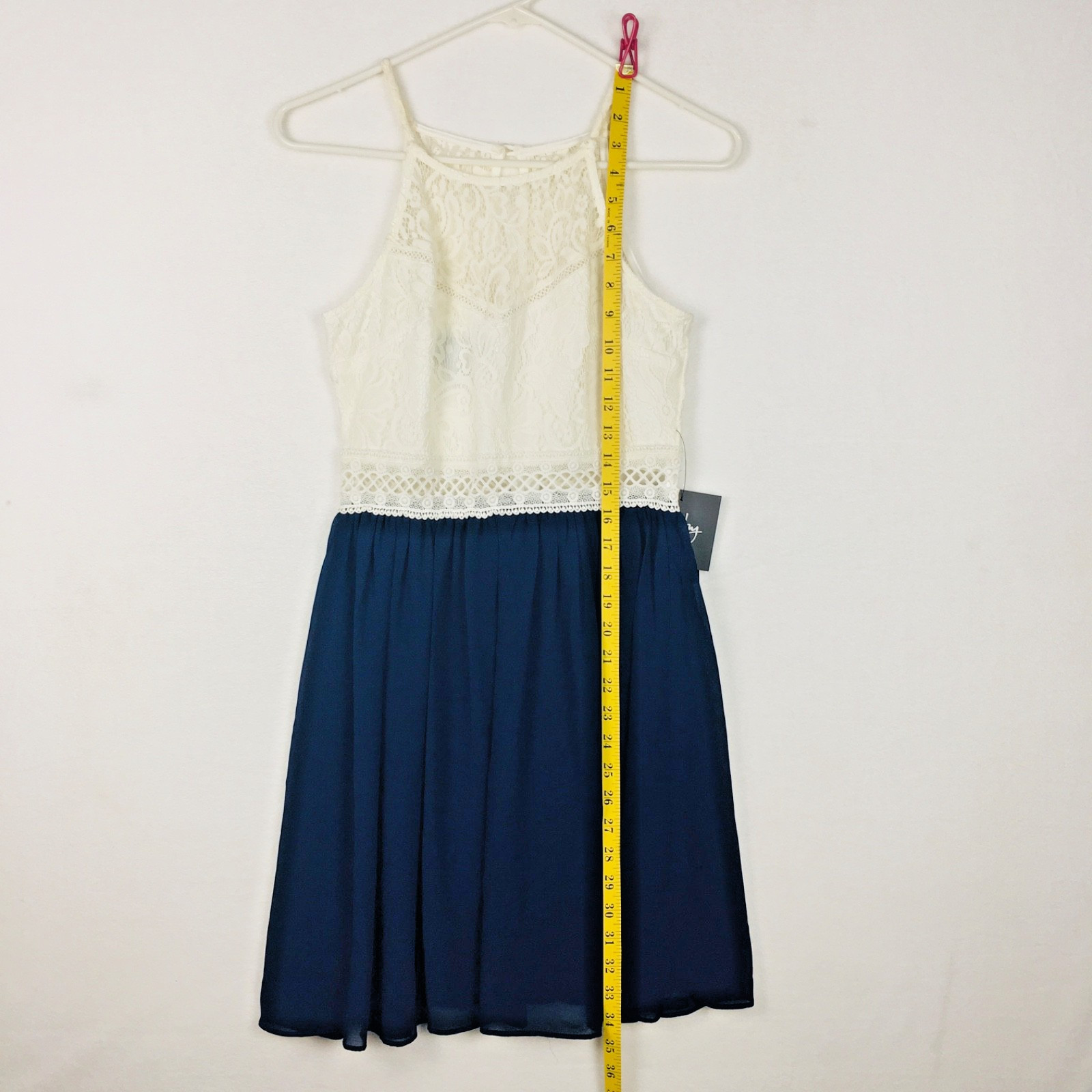 By & By Sleeveless Dress Juniors 7 Lined Navy Blue and Ivory Lace NEW