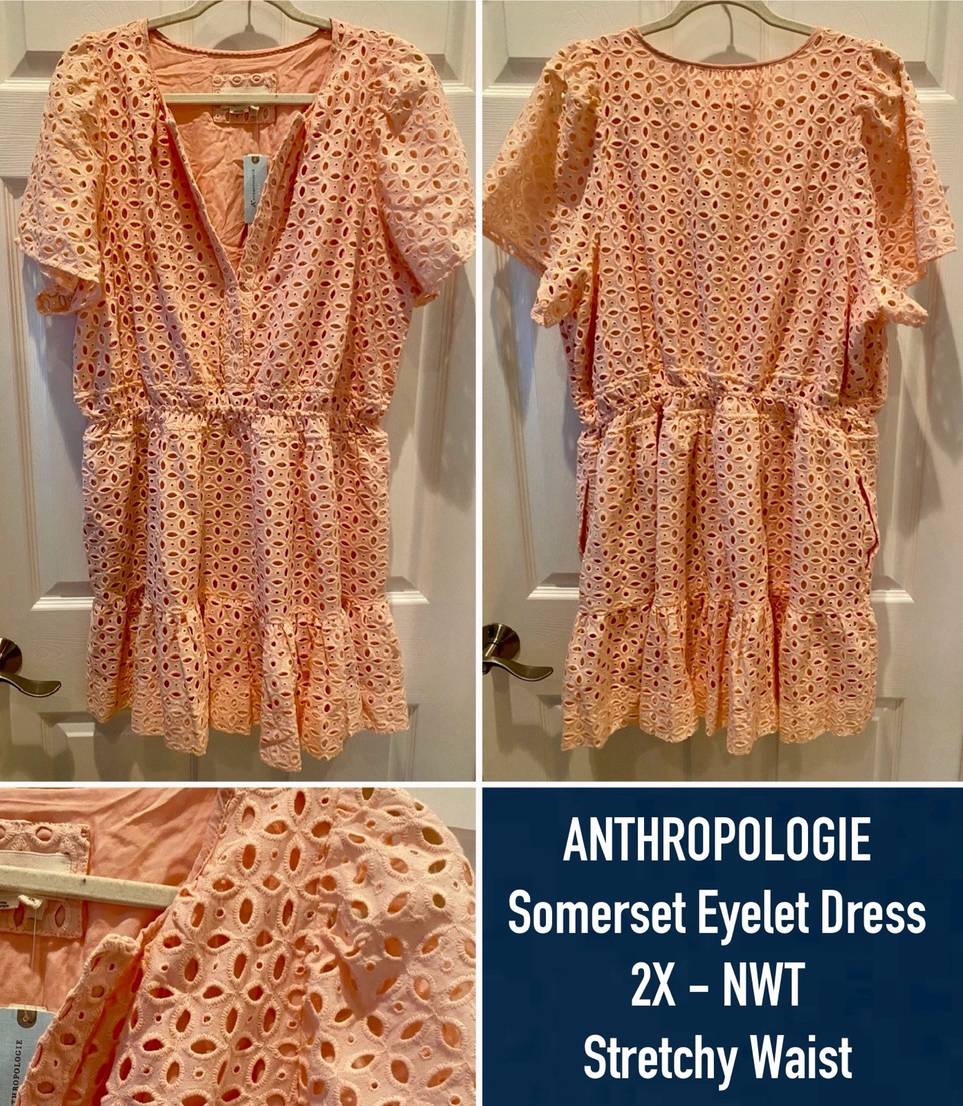 Anthropologie Somerset Pink/Peach Eyelet Fit & Flare V-Neck Puff Sleeve Dress 2X
