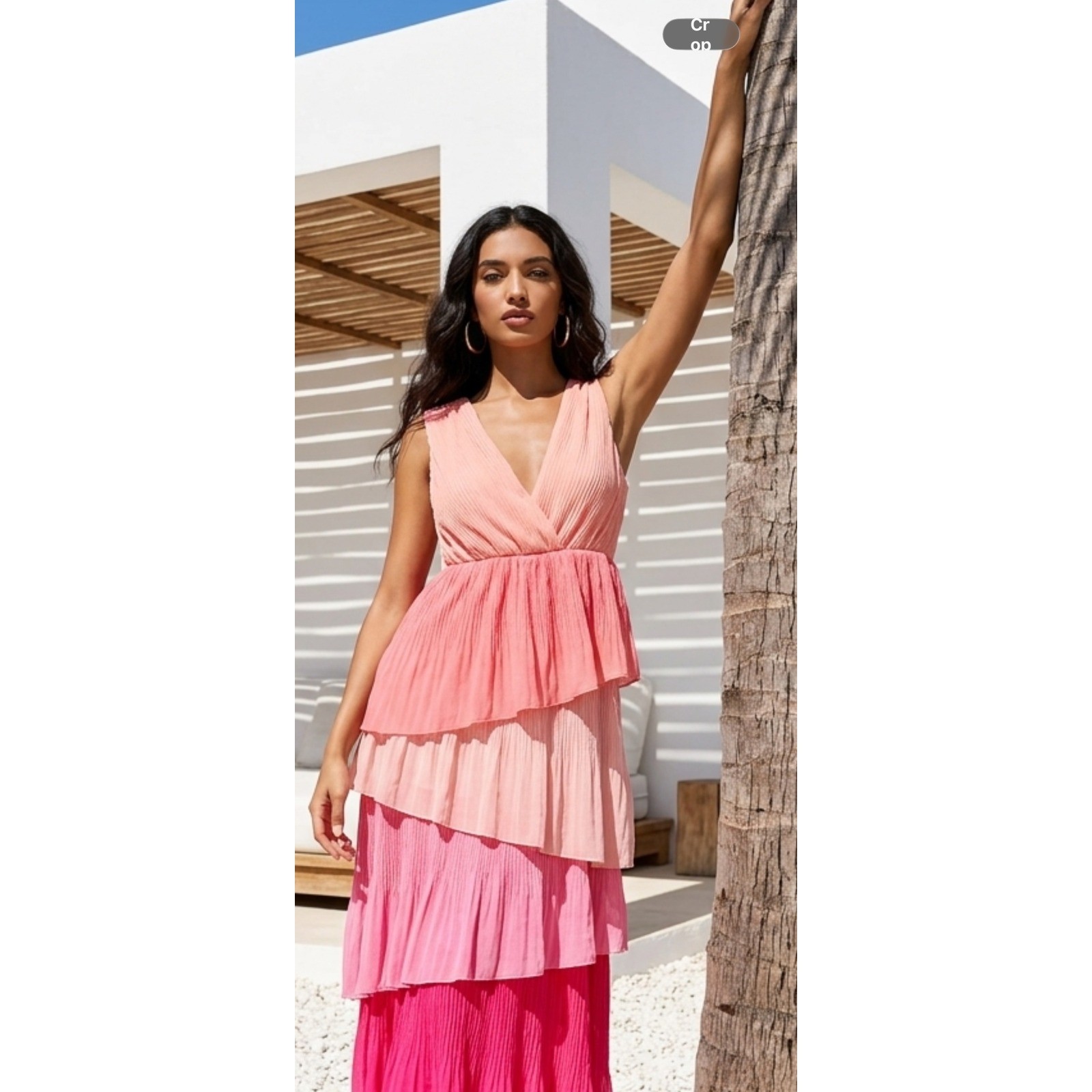 Strut & Bolt Coral Pink Ombre Pleated Tiered Maxi Dress V-Neck Lined D-2778-P L