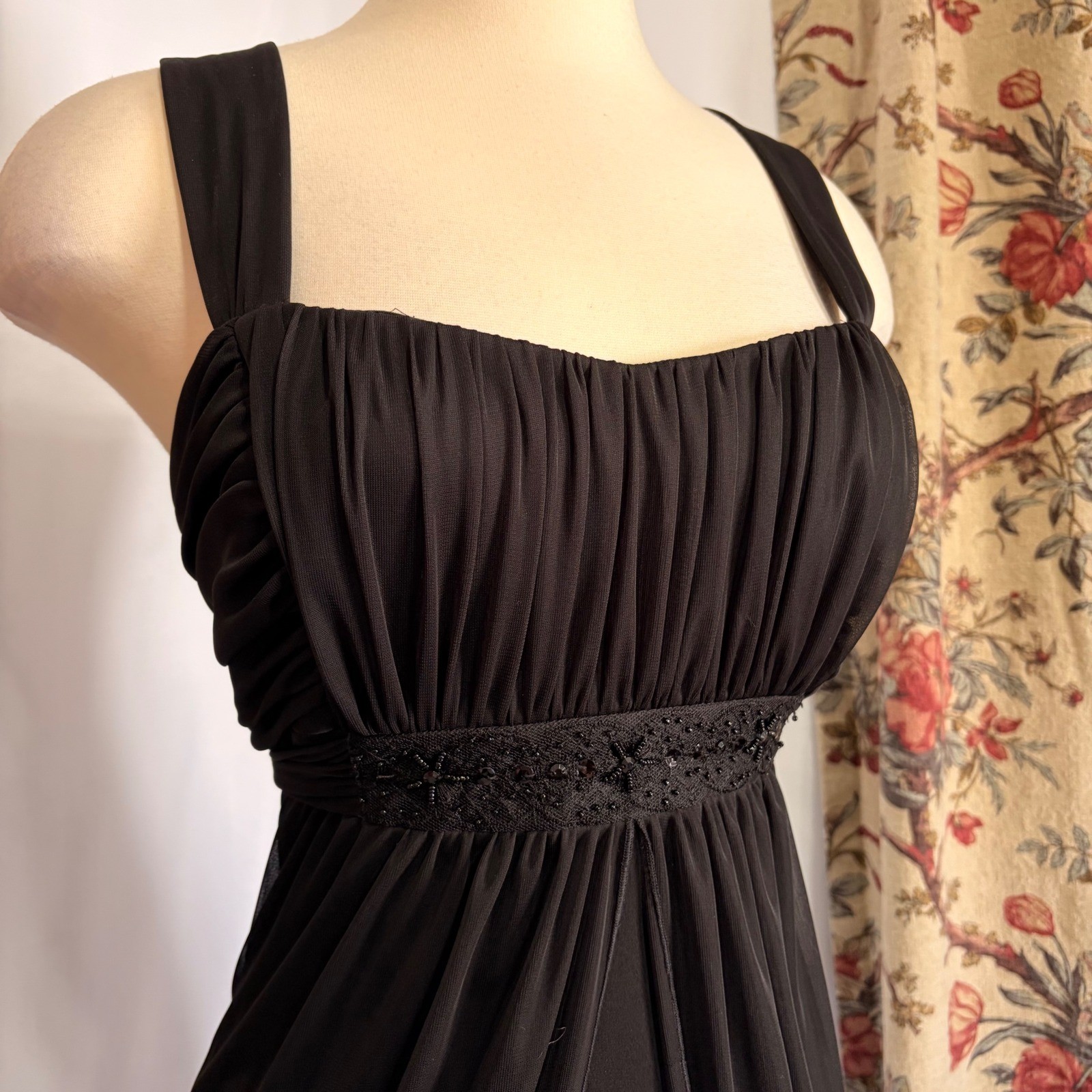 Connected Apparel Gorgeous flowy black gown with draping and beaded detailing