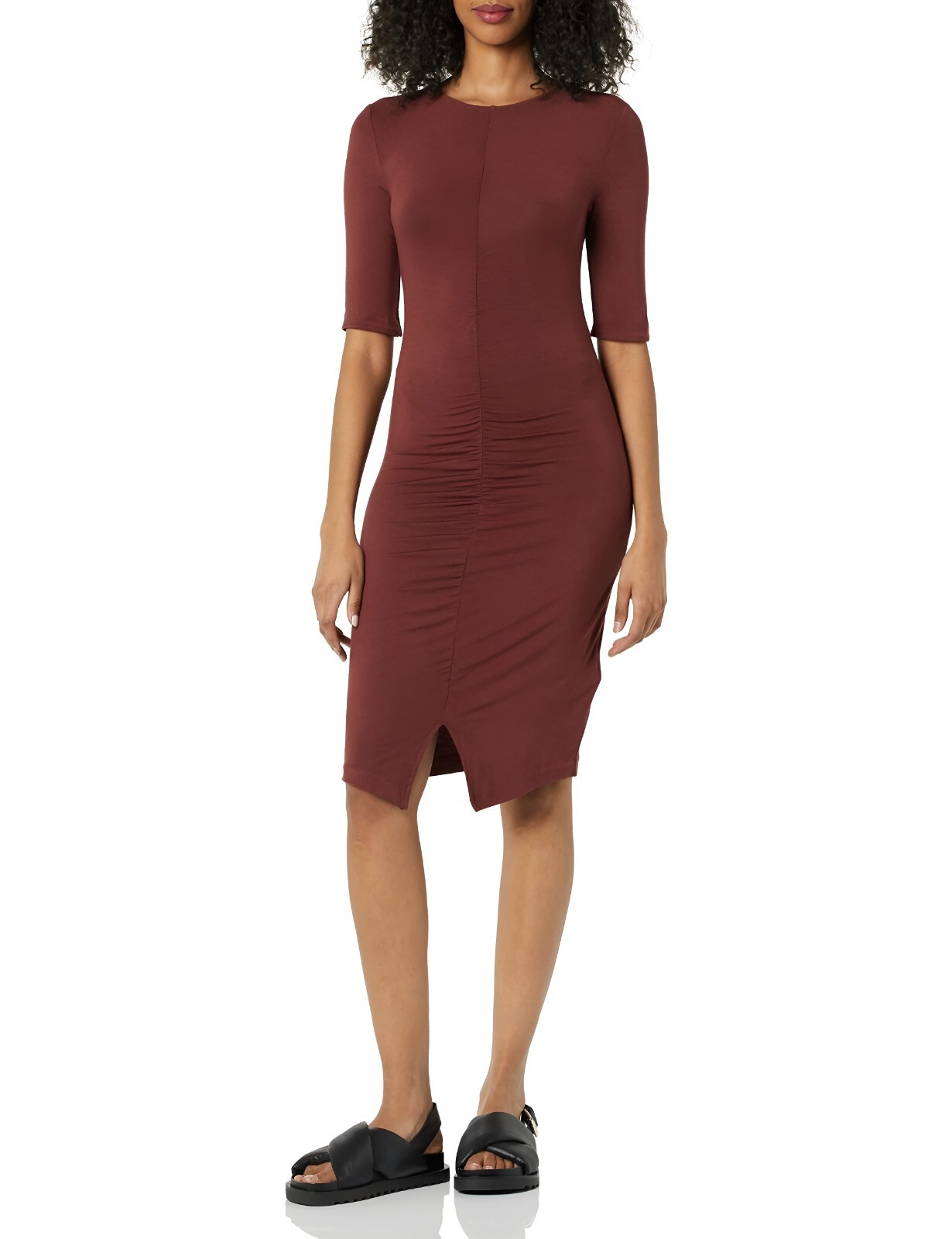 Daily Ritual Women’s Jersey Ruched Front 1/2 Sleeve Dress Large Chestnut Brown