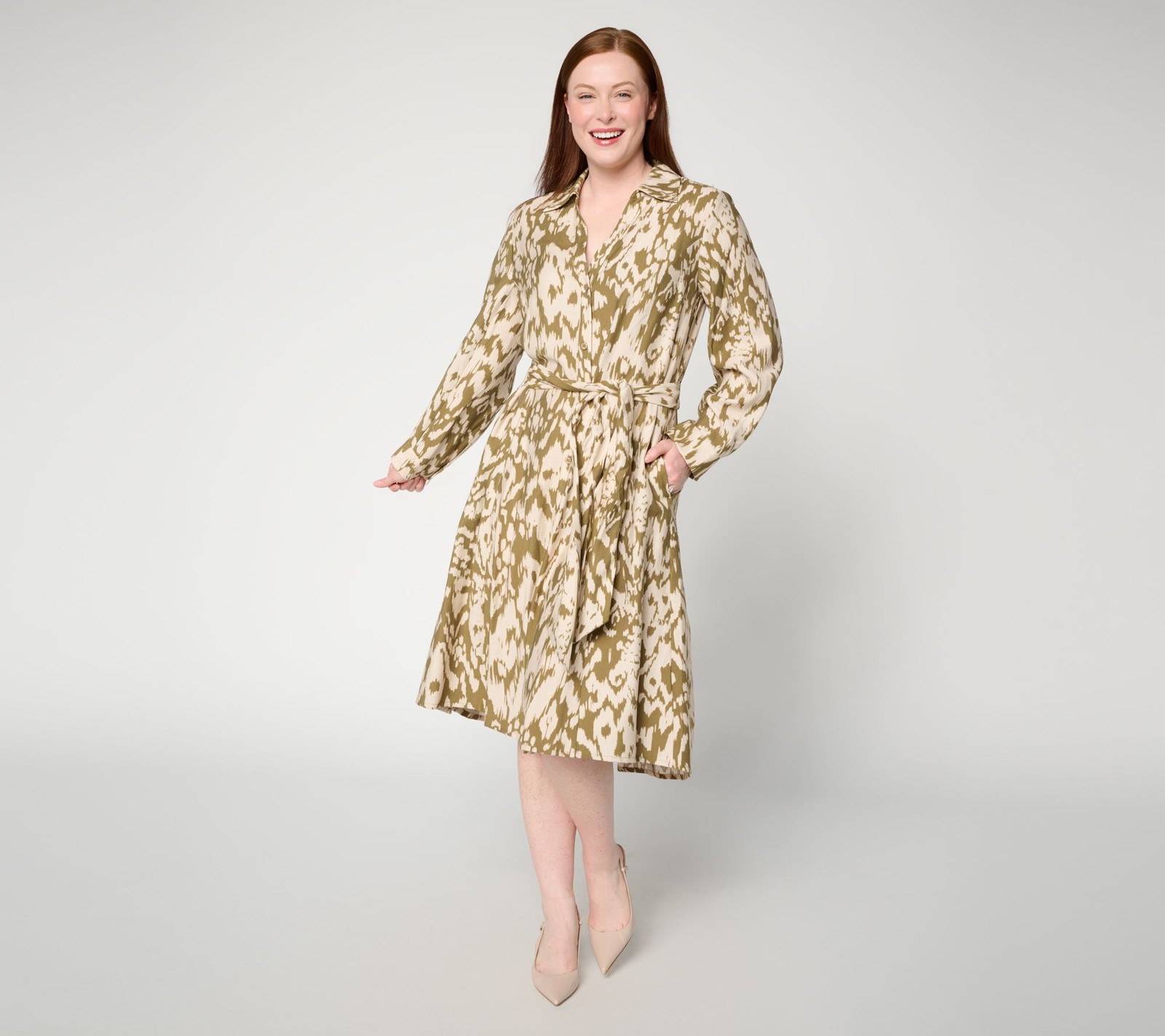 Dennis Basso Regular Drapy Ikat Button Front Shirt Dress Olive/Ecru M New