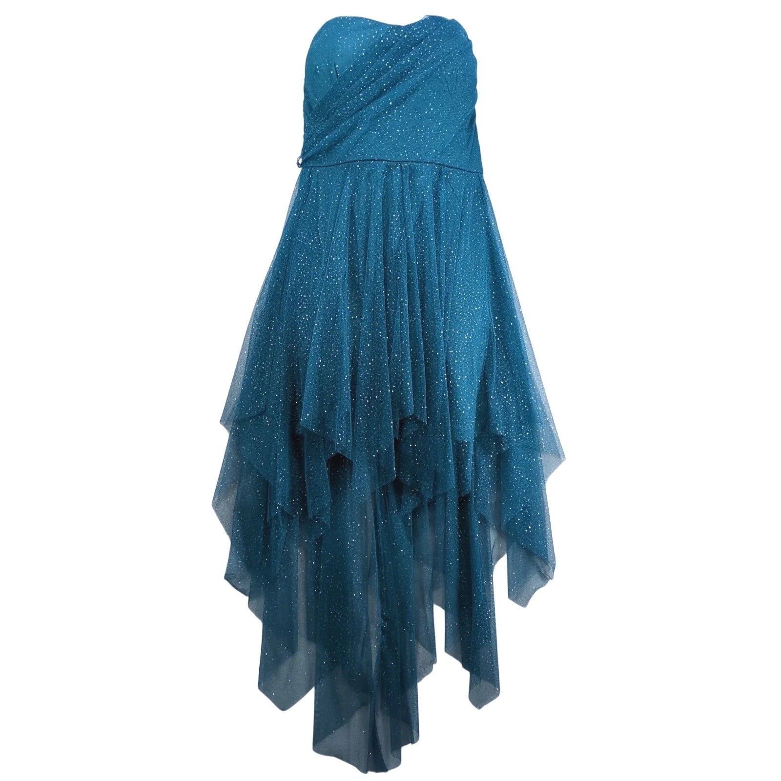 Teeze Me Hi-Low Babydoll Dress Junior 11 Blue Glitter Chiffon Strapless Y2K Glam