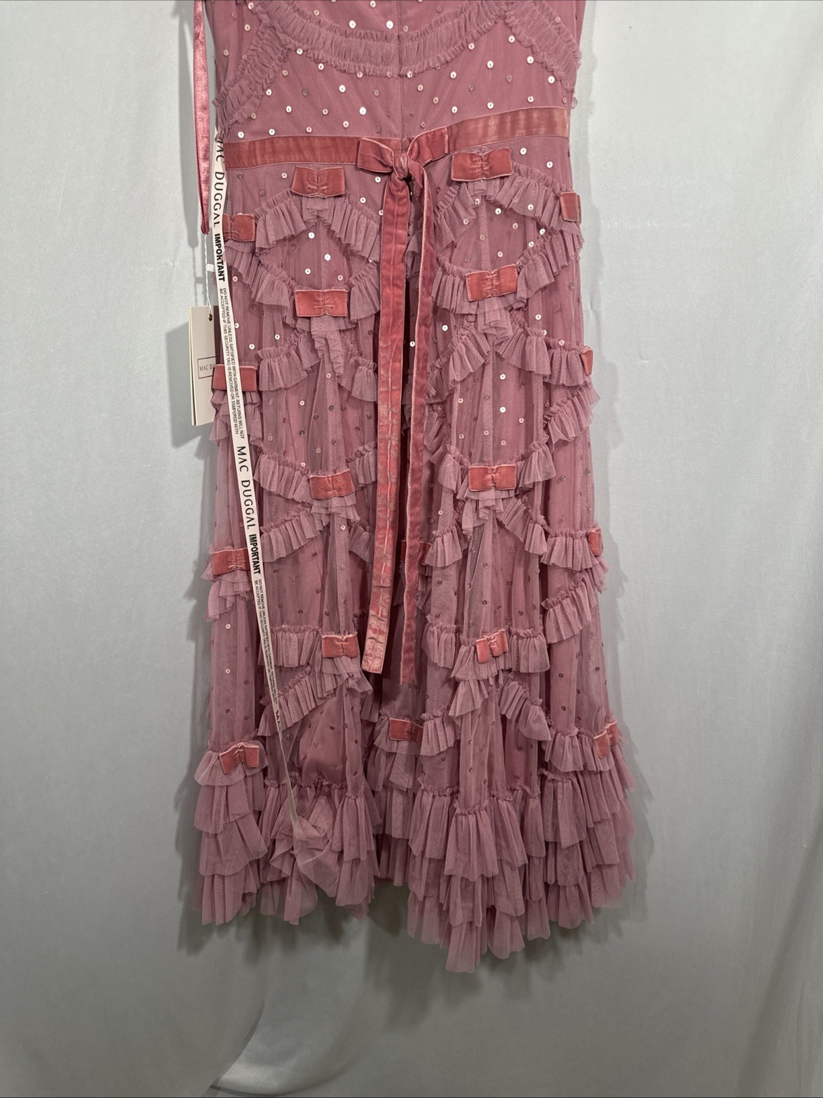 NWT Mac Duggal [ 4 ] 8272 Flutter Sleeve Lattice Bow Mesh Ruffle Mid Dress J2403