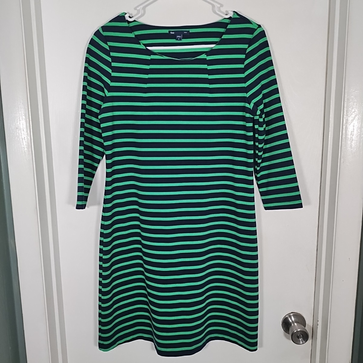 Gap Dress S Navy Blue/Green Striped 3/4 Sleeve A-Line Sheath Preppy Nautical