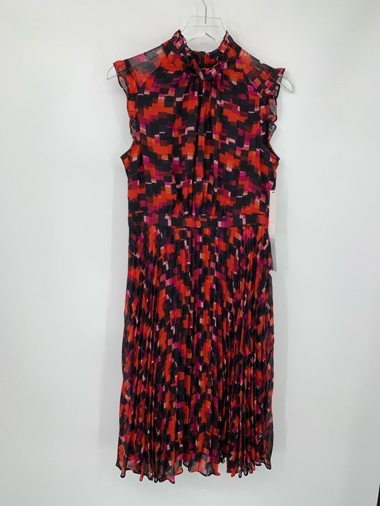 Maggy London Pleated Ruffle Cap Sleeve Midi Dress red pink square shift new 6