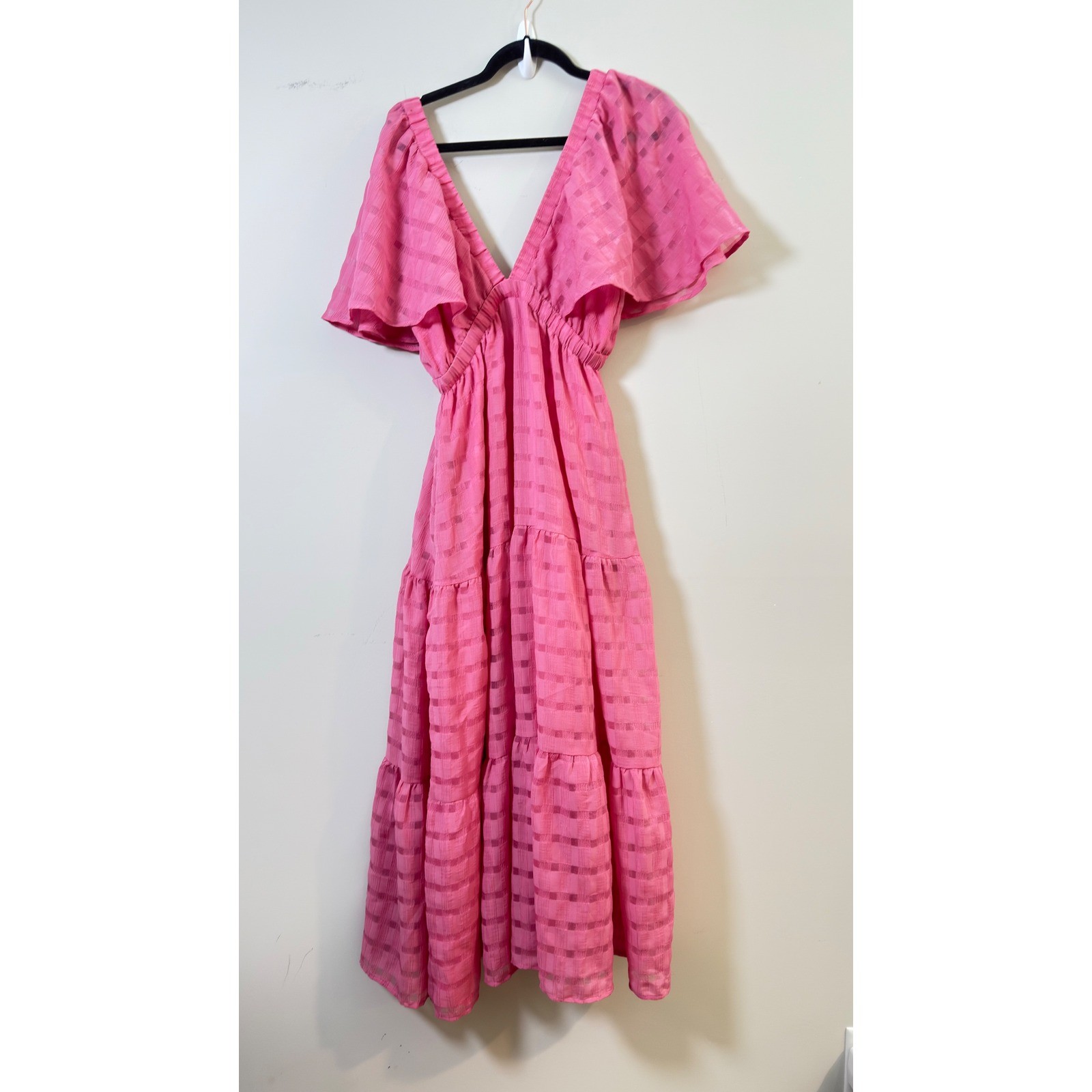 Storia Dress Pink Flutter Sleeve Tiered V-neck Plaid Texture Boho Romantic M
