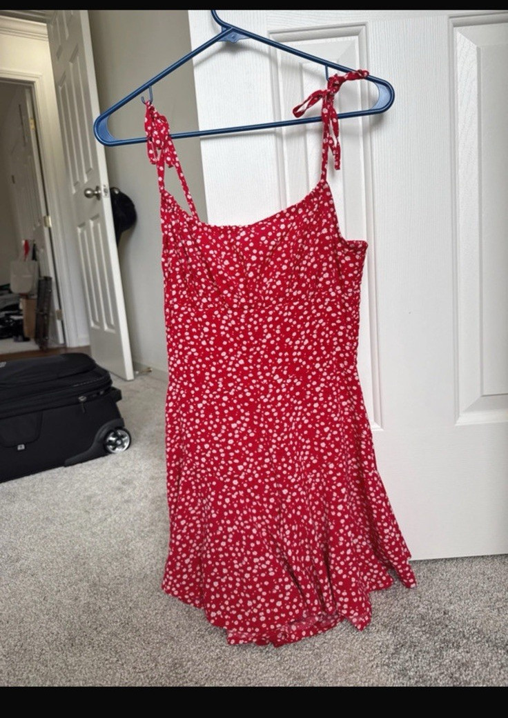 Red White Floral Mini Sundress Women’s S Square Neck Tie Straps Sleeveless