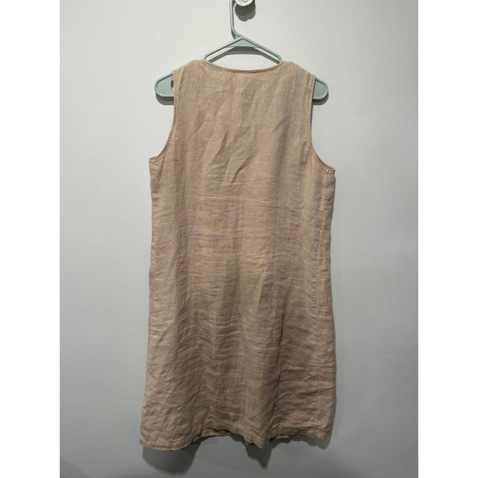 LL Bean 100% Linen Sleeveless Button Front Pintuck Shift Dress Beige Tan 12 REG