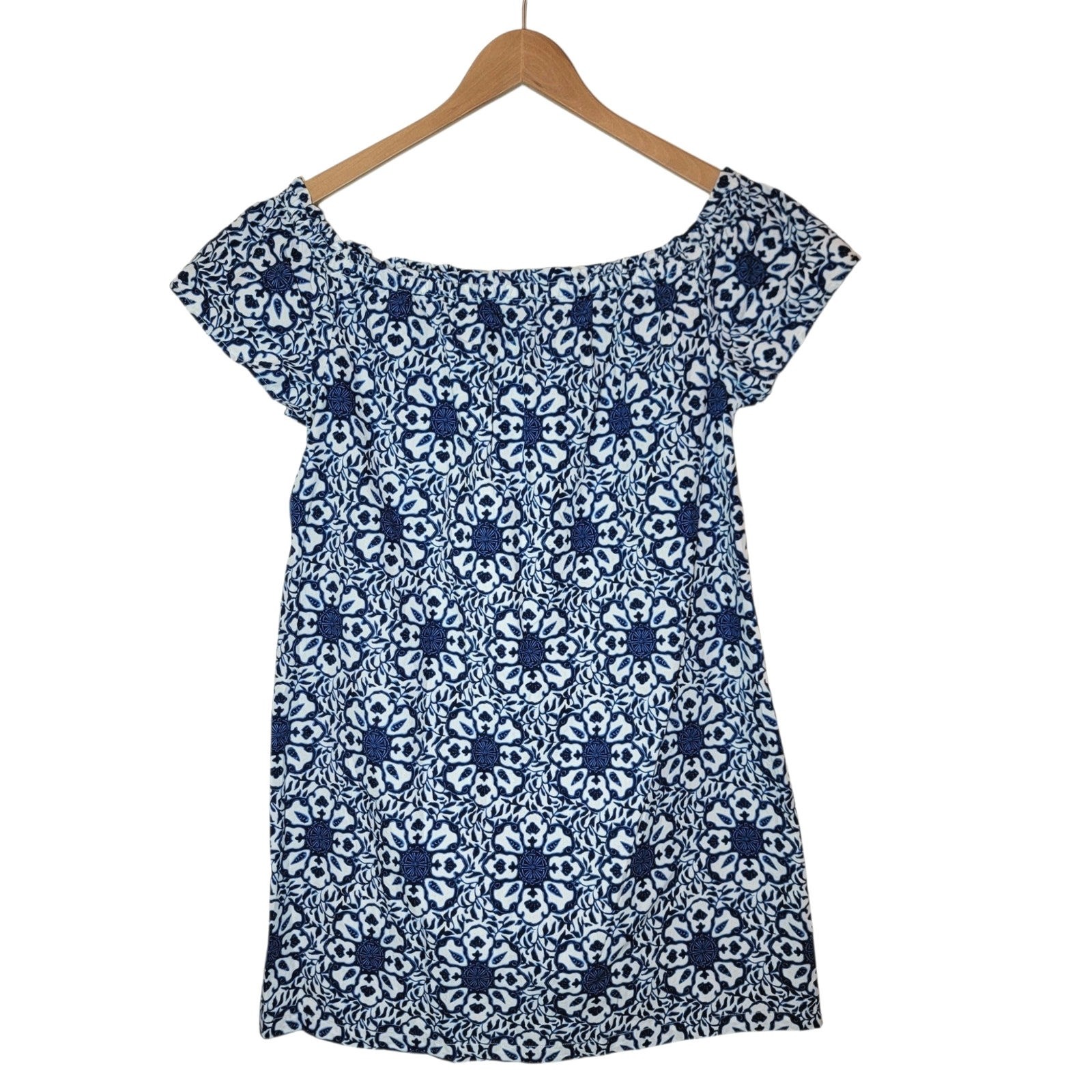 Vineyard Vines Off Shoulder Floral Cotton Shift Mini Dress Blue White Resort M
