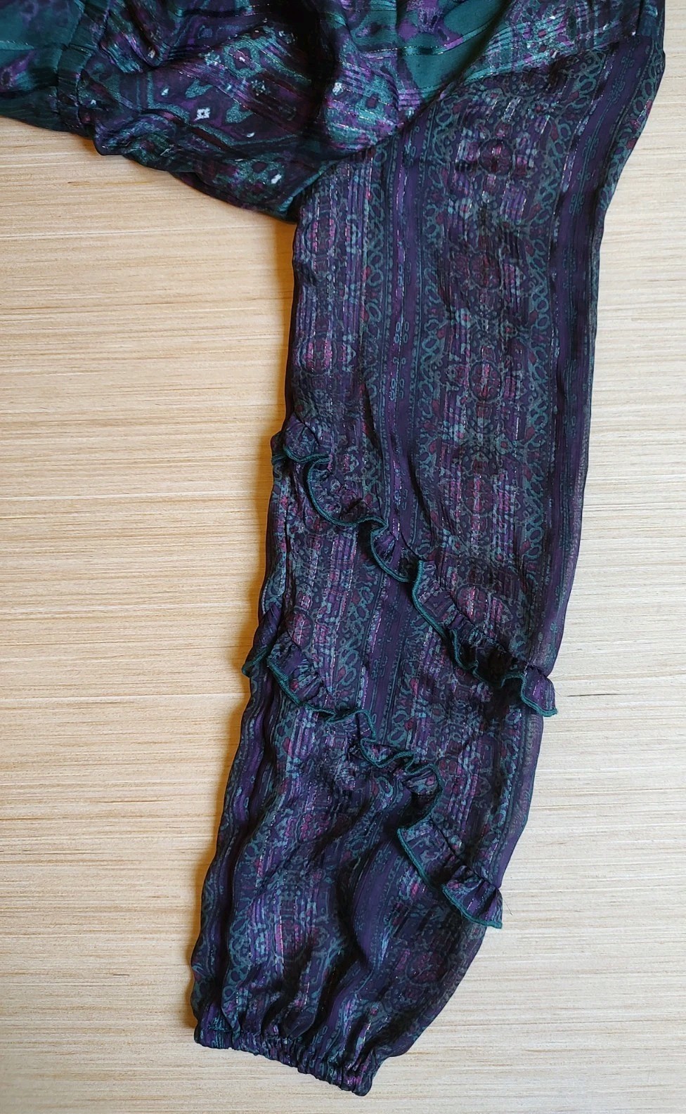 Frye Knee Length Dress Ruffle Buttons Lurex Green Purple Floral Size M Women’s