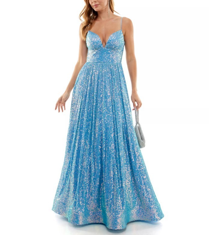B Darlin Juniors’ All Over Sequin Ball Gown Periwinkle Iridescent 5/6