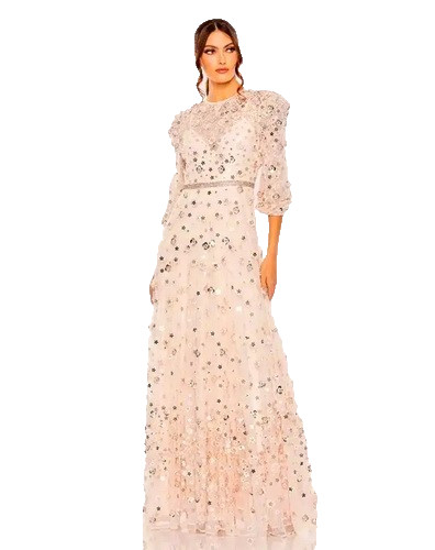 Mac Duggal Blush Pink Peach 3d Floral Applique Puff Sleeve Gown Size 14 $698