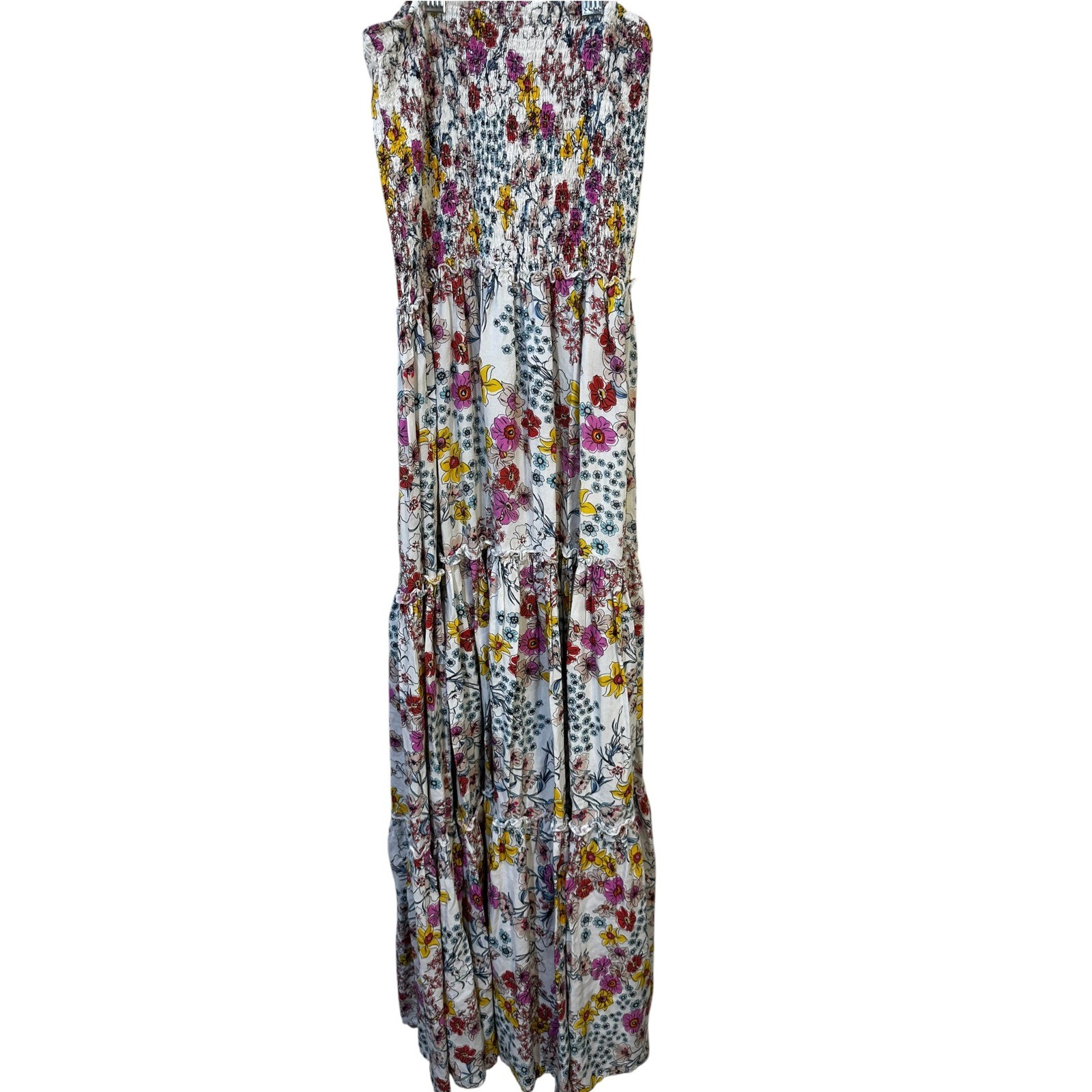 Abel The Label Floral Smocked Strapless Maxi Dress Tiered Boho Summer White Smal
